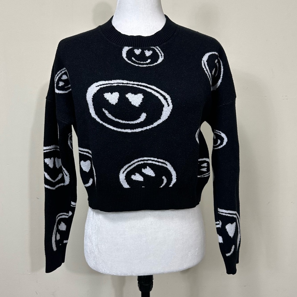 NEW dreamers by debut Viscose Black White Dolman Sleeves Smileys Pullover Top L - Picture 1 of 16